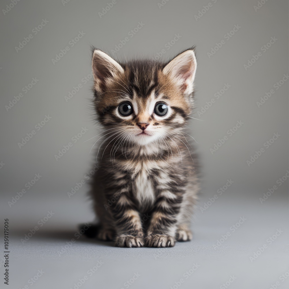 Adorable Tabby Kitten Sitting on a Gray Background Adorable Tabby Kitten Sitting on a Gray Background