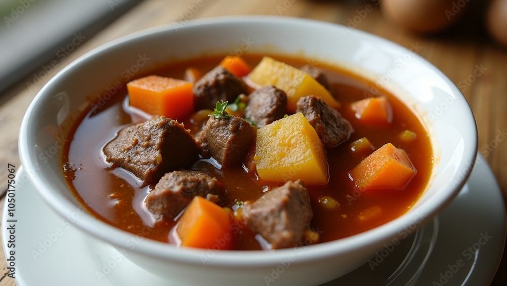 Hearty beef stew with potatoes carrots in thick broth Hearty beef stew with potatoes carrots in thick broth