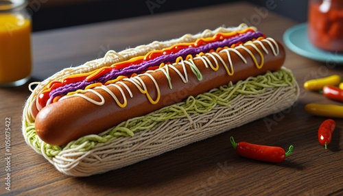 A charming yarn hot dog with bright yarn condiments, creating a fun and playful food representation that adds whimsy to kitchen decor, Generative AI photo