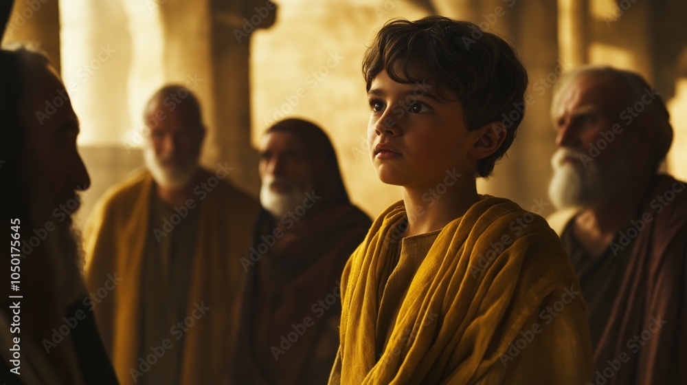 young Jesus as a child, around twelve years old, with olive-toned skin and dark hair, clad in ancient Jewish attire, standing in the majestic temple. young Jesus as a child, around twelve years old, with olive-toned skin and dark hair, clad in ancient Jewish attire, standing in the majestic temple.