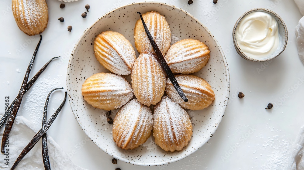 Vanilla cream-filled madeleines, placed on a white ceramic plate, garnished with powdered sugar, vanilla beans, and a small bowl of vanilla cream Vanilla cream-filled madeleines, placed on a white ceramic plate, garnished with powdered sugar, vanilla beans, and a small bowl of vanilla cream