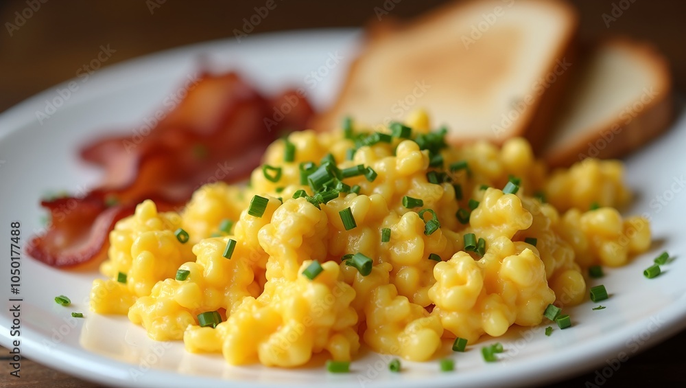 Delicious breakfast plate with scrambled eggs bacon chives and toast Delicious breakfast plate with scrambled eggs bacon chives and toast