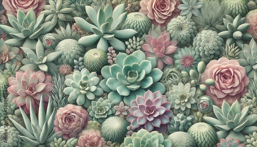 Fototapeta premium A botanical background filled with various exotic succulents