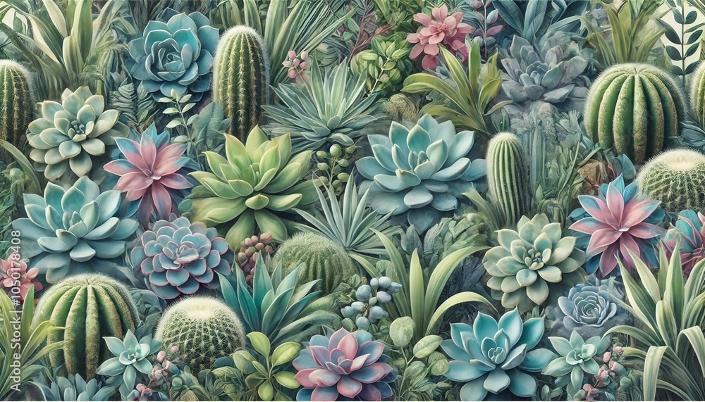 Obraz premium A vibrant botanical background featuring various succulents and exotic plants