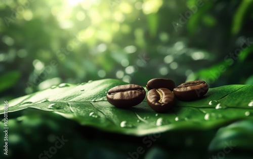 Design a realistic close-up image of gayo coffee beans resting on a green leaf, surrounded by a soft-focus background of coffee plants photo