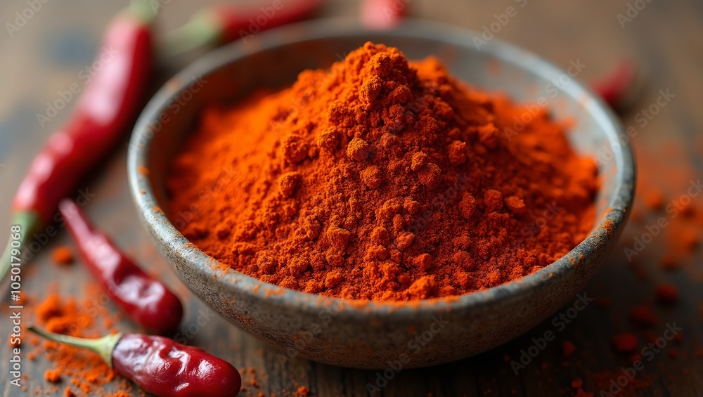 Spicy red chili powder in a small bowl with dried chilies Spicy red chili powder in a small bowl with dried chilies