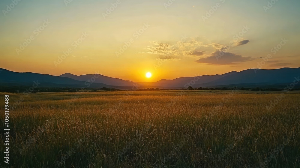 Obraz premium The sun rising behind distant mountains, casting a golden hue over the grassy plains in the foreground, with the sky slowly transitioning from night to day