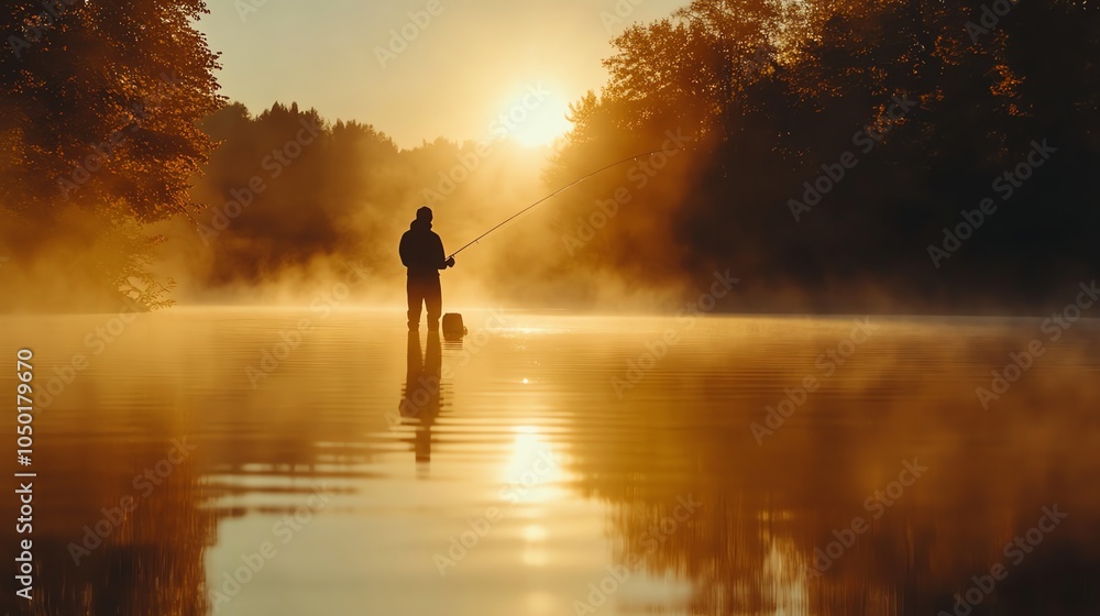 Fototapeta premium A man fishing in a lake at sunrise.