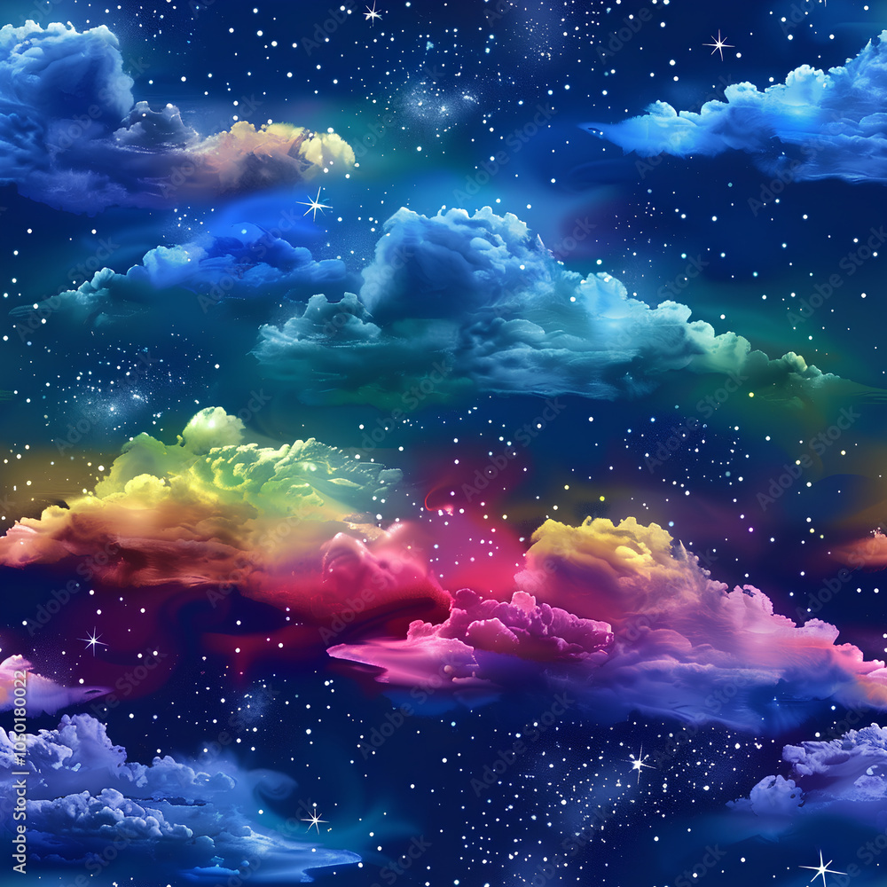 Fototapeta premium Whimsical clouds in rainbow colors in a night sky with sparkling stars, seamless design