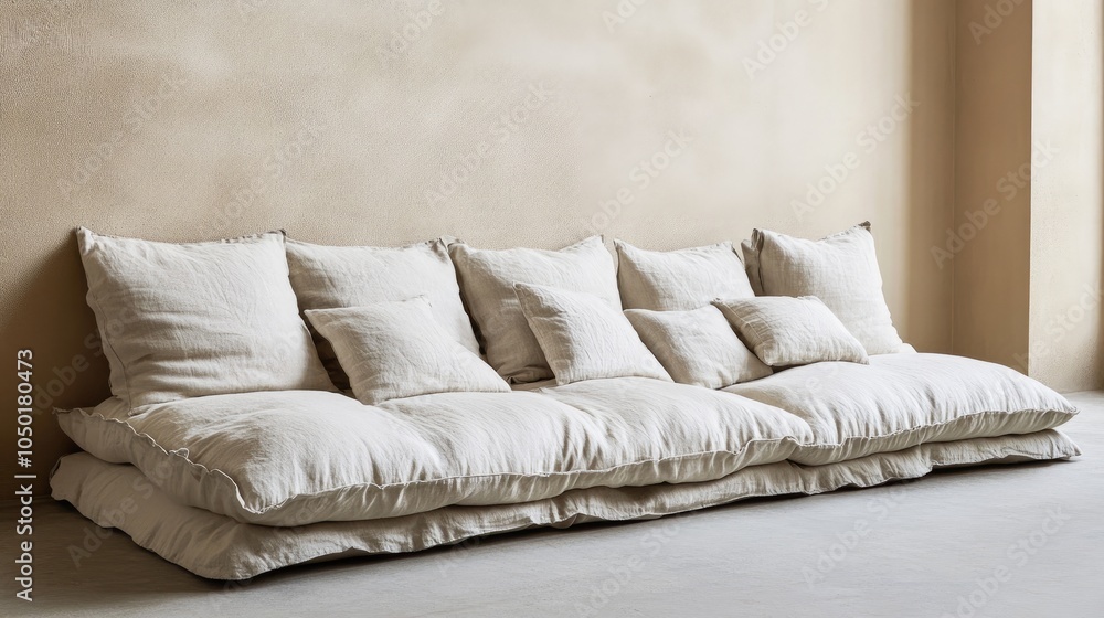 Obraz premium Cozy Relaxed Couch with Soft Cushions in Neutral Tones