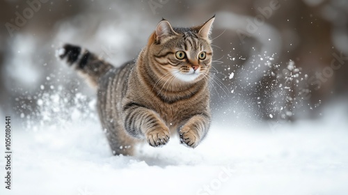 A playful cat bounds through fresh snow, leaving paw prints in a winter wonderland