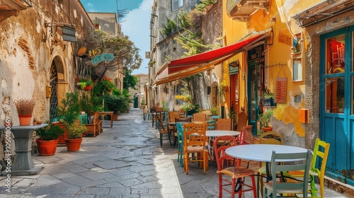 Fototapeta Naklejka Na Ścianę i Meble -  Empty cafe tables and chairs on a cobblestone street in a European town.