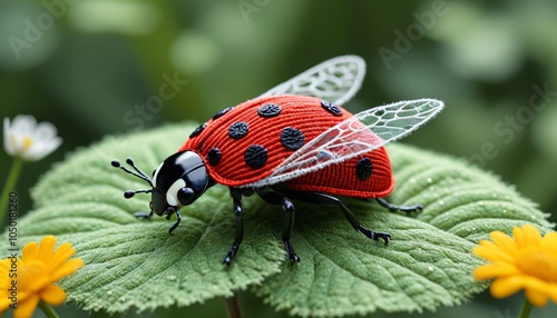 An artistic yarn ladybug with polka dots and delicate wings, adding a touch of whimsy to garden or spring-themed decorations, Generative AI photo