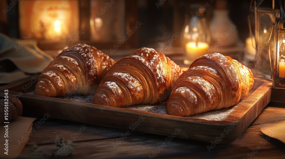 Warm Croissants on Wooden Tray with Soft Lighting Warm Croissants on Wooden Tray with Soft Lighting