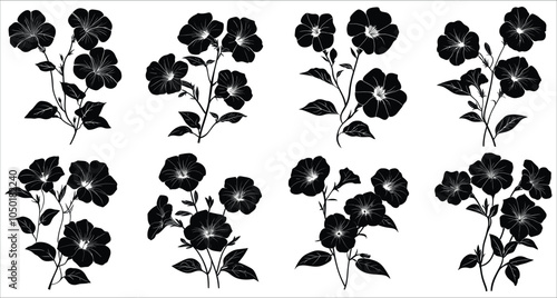 Beautiful petunia flower silhouettes vector art. Petunia flower silhouettes vector. Set of decorative petunia flower silhouettes. Stylish petunia flower silhouettes icons