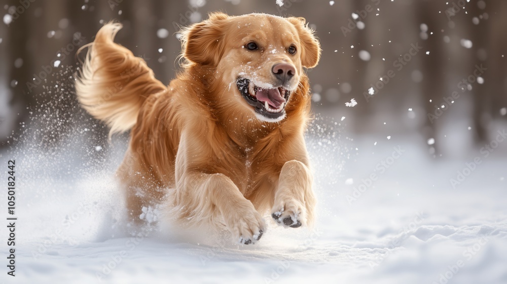 A cheerful dog runs energetically through soft snow, enjoying a sunny winter day in the woods A cheerful dog runs energetically through soft snow, enjoying a sunny winter day in the woods