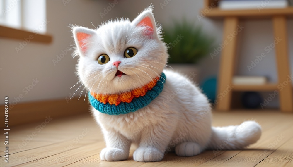 A fluffy knitted kitty with a playful expression and colorful collar, bringing joy and whimsy to any room or children's space, Generative AI A fluffy knitted kitty with a playful expression and colorful collar, bringing joy and whimsy to any room or children's space, Generative AI