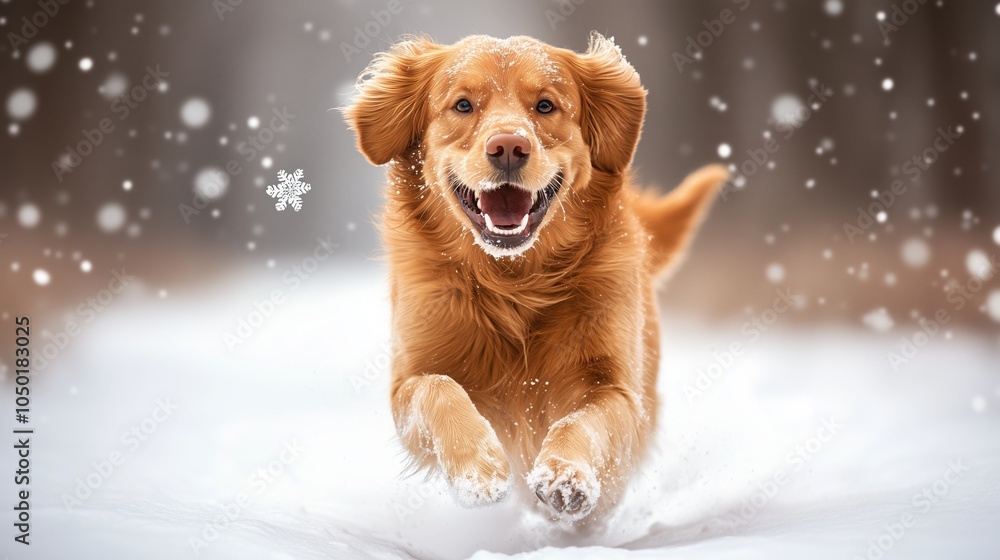 A golden retriever happily runs through fresh snowflakes in a winter wonderland, full of joy A golden retriever happily runs through fresh snowflakes in a winter wonderland, full of joy