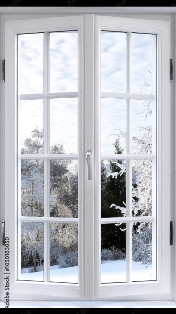 Obraz premium A cozy winter morning viewed through a white-framed window, showcasing a snow-covered landscape and icy trees under a cloudy sky