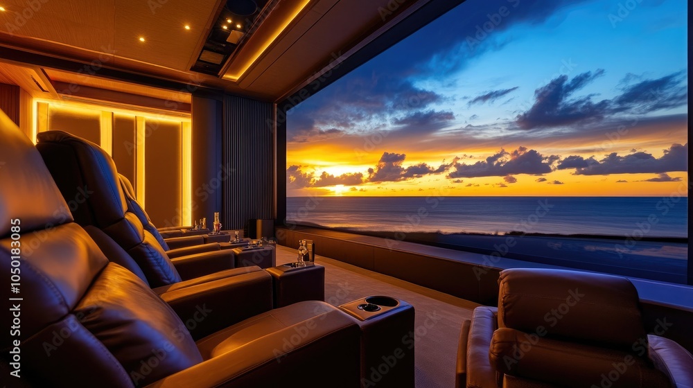 Fototapeta premium A sophisticated home theater with custom leather recliners