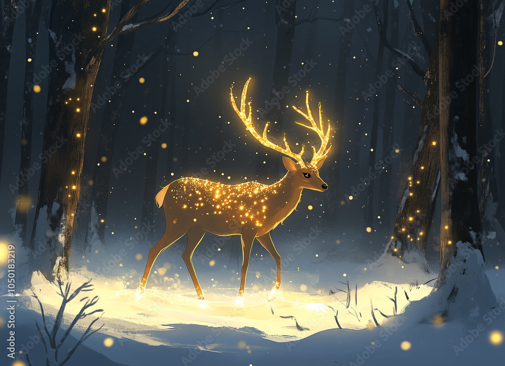 magic of a winter forest with a luminous deer. Its antlers and body are adorned with sparkling lights, creating a truly enchanting scene. magic of a winter forest with a luminous deer. Its antlers and body are adorned with sparkling lights, creating a truly enchanting scene.