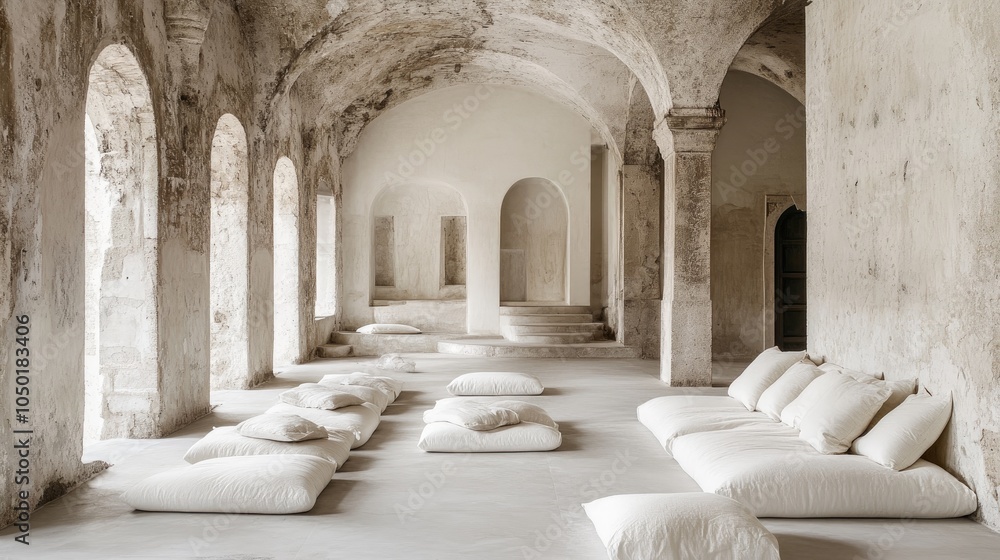 Obraz premium Serene Interior with Cushioned Seating in Minimalist Space