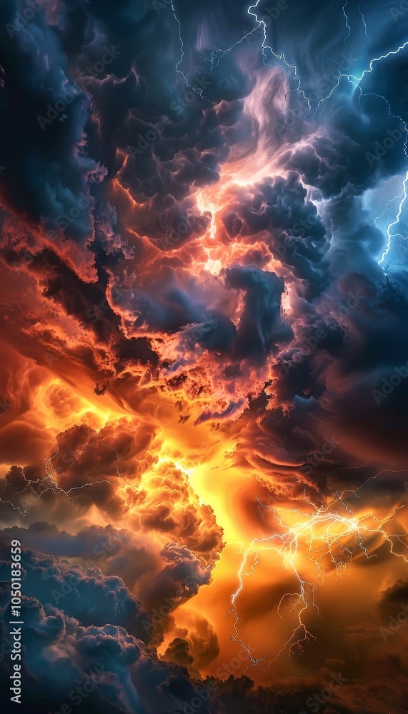 Stunning close up of swirling rainbow clouds with fiery hues and dramatic lightning effects Stunning close up of swirling rainbow clouds with fiery hues and dramatic lightning effects