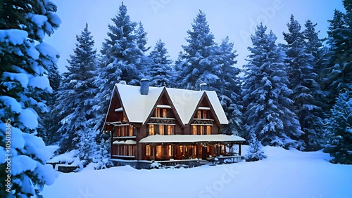 a beautiful cozy house surrounded by a snowy mystical forest creating a fairy-tale atmosphere and Christmas mood