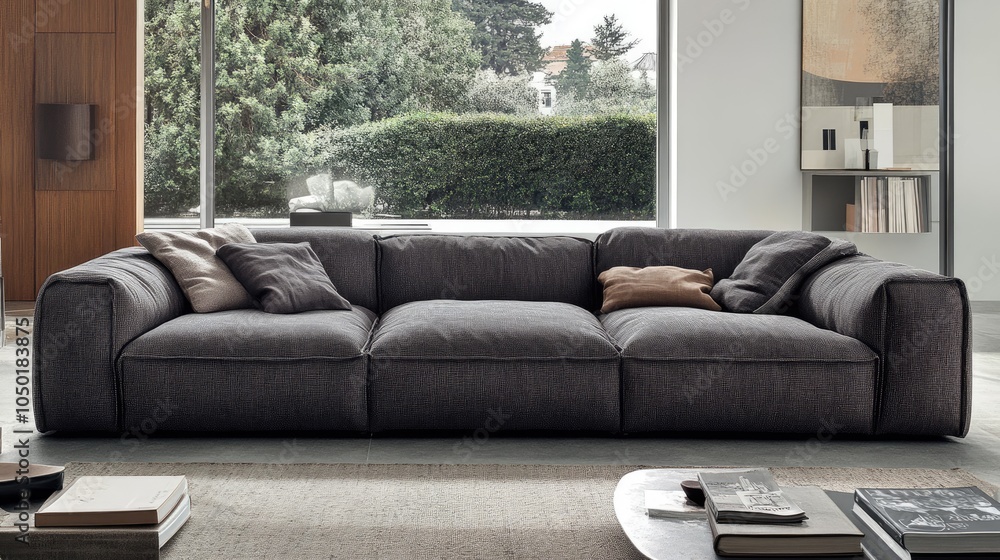 Fototapeta premium Modern gray sofa in stylish living room setting