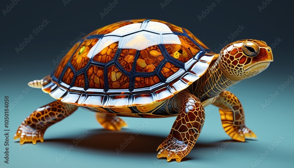 Obraz premium A whimsical amber turtle with a beautifully patterned shell, capturing the essence of marine life in a captivating decorative piece, Generative AI