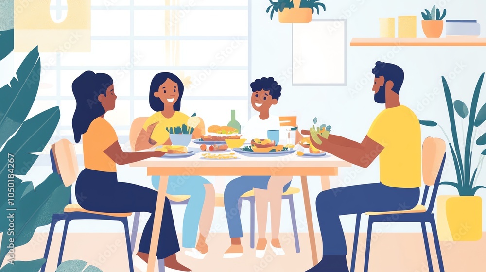 Fototapeta premium A family of four sitting at a table eating a meal together.
