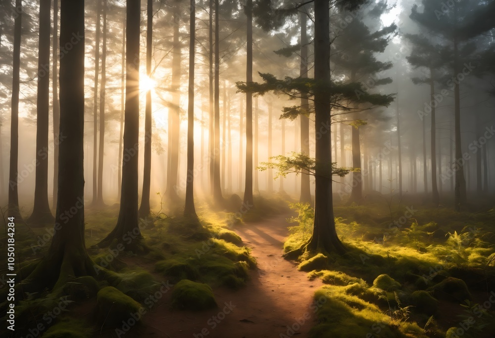 Obraz premium A tranquil forest at sunrise