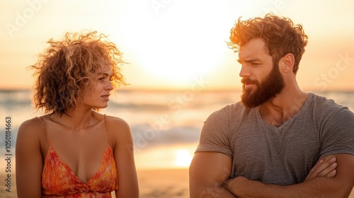 A couple standing on a picturesque beach, engaged in conversation as the sun sets in the background. The scene conveys emotion and deep reflection. photo