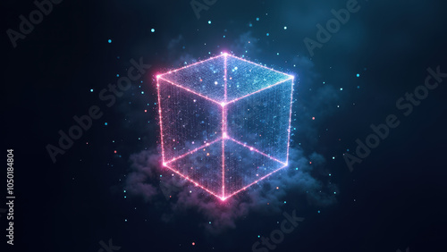 3D cube with futuristic design against a cosmic background.