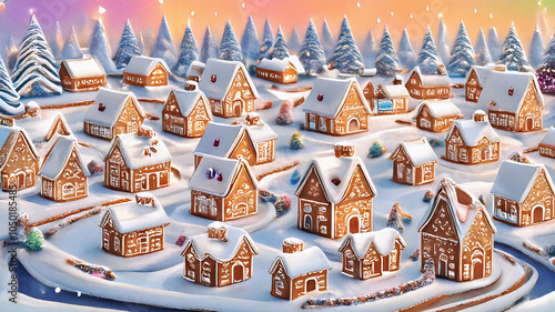 Christmas Gingerbread Village in a Joyful Cartoon Wonderland with Cheerful Decorations and Sparkling Details, Creating a Magical Festive Atmosphere