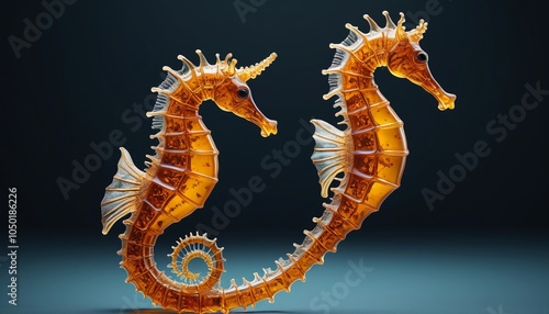 A detailed amber seahorse with unique features and a graceful pose, perfect for enhancing marine-themed decor or artistic displays, Generative AI