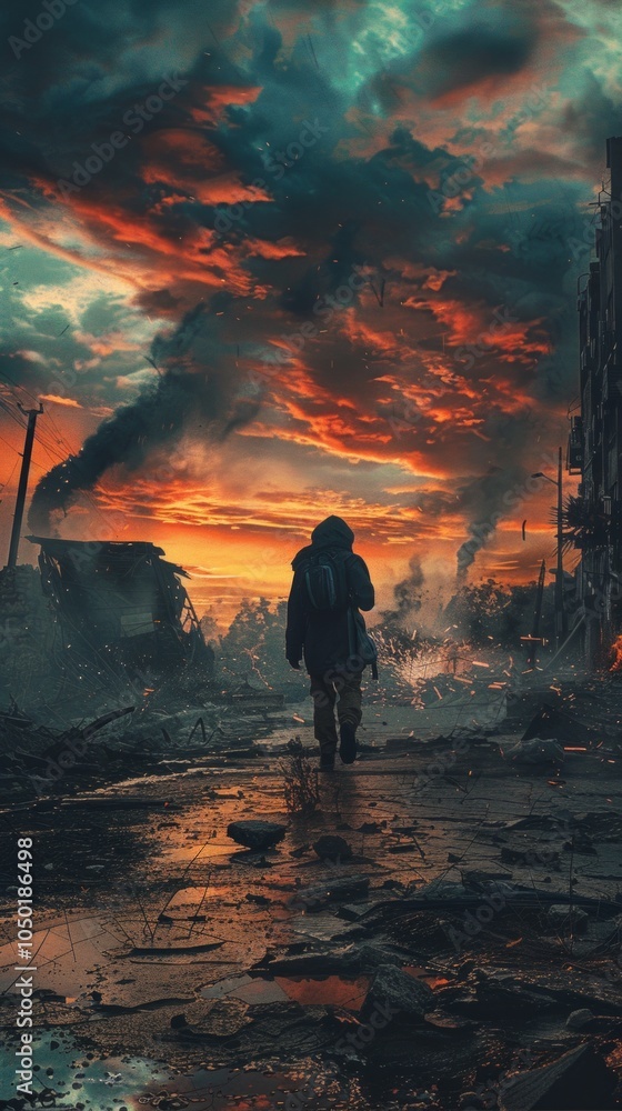 Fototapeta premium A post-apocalyptic scene with a lone figure in a destroyed city, dramatic sky, and smoke rising, capturing desolation and destruction.