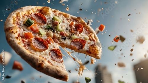 A pizza slice dramatically lifts off, trailing ingredients like peppers and olives, embodying excitement and a burst of flavors in a vivid landscape. photo