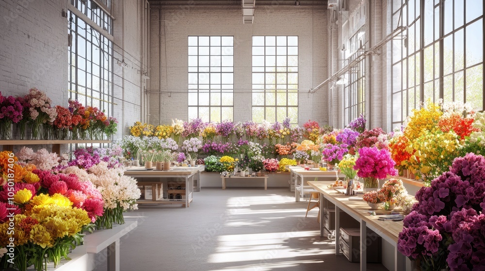 A spacious floral design studio with large workbenches A spacious floral design studio with large workbenches