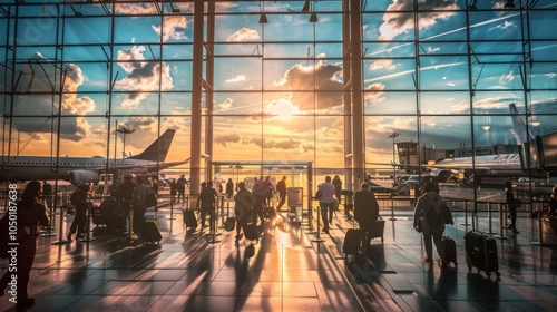 A bustling airport terminal with travelers and aircraft ready for departure, Travel setting with aviation activity, Dynamic style photo