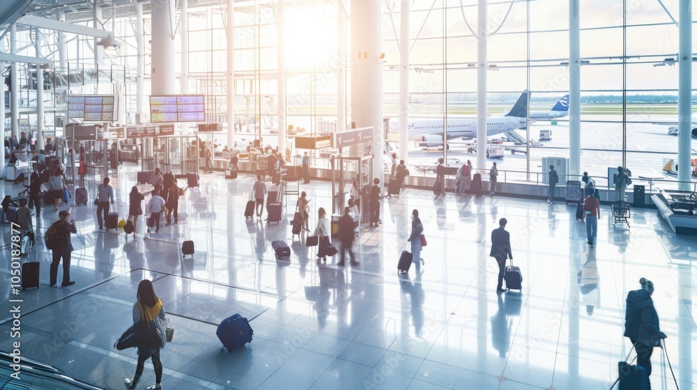 Obraz premium A bustling airport terminal with travelers and aircraft ready for departure, Travel setting with aviation activity, Dynamic style