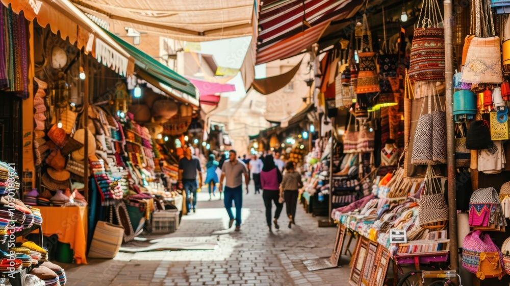 Fototapeta premium A bustling ancient marketplace with vibrant stalls and traditional architecture, historical setting with rich textures, Cultural style