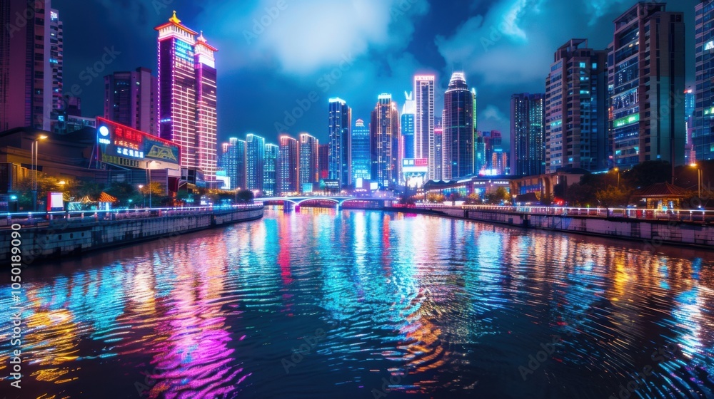 Obraz premium A bustling Asian cityscape with neon lights and high-rise buildings reflecting in a busy river, modern setting with vibrant nightlife, Urban style