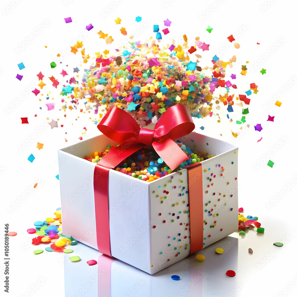 Open gift box with confetti isolated on white background Open gift box with confetti isolated on white background