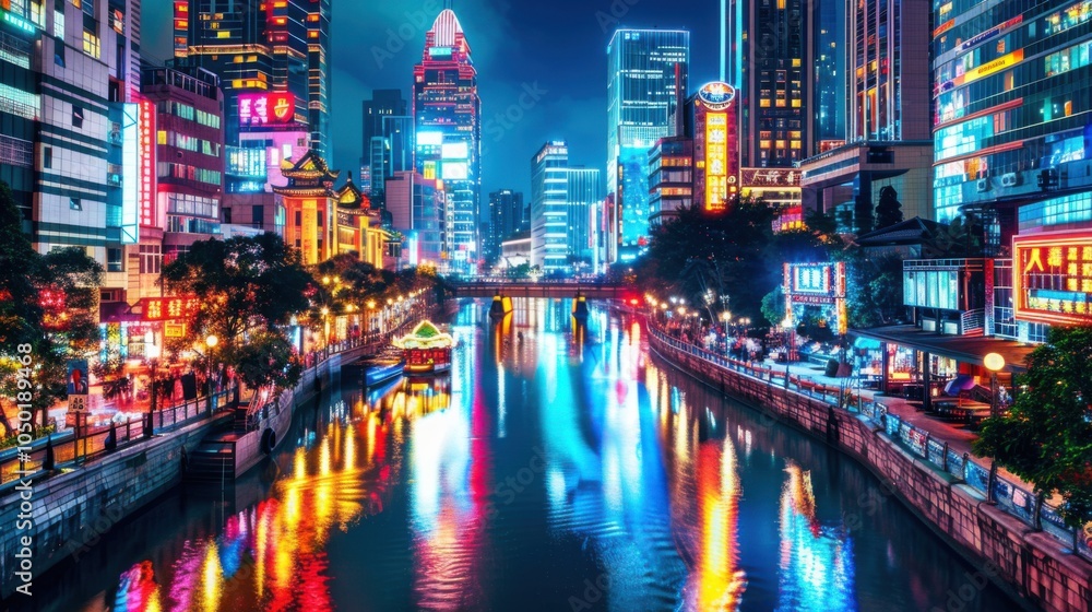 A bustling Asian cityscape with neon lights and high-rise buildings reflecting in a busy river, modern setting with vibrant nightlife, Urban style A bustling Asian cityscape with neon lights and high-rise buildings reflecting in a busy river, modern setting with vibrant nightlife, Urban style