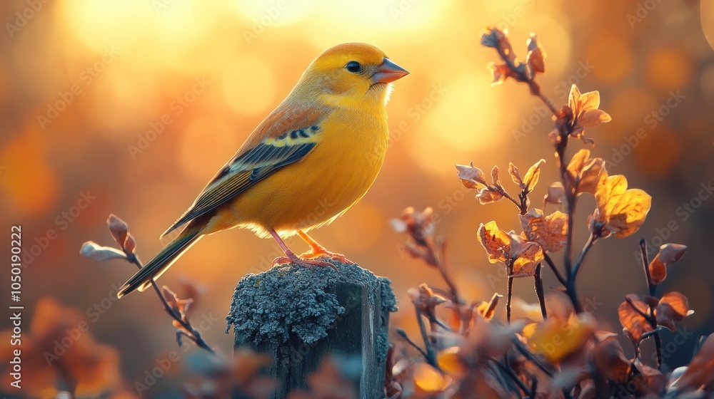 Fototapeta premium A small yellow bird perches on a wooden post with a warm sunset in the background.