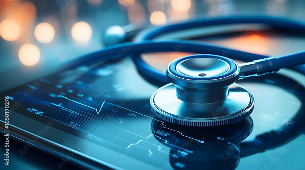close-up of a stethoscope with blue tubing resting on a tablet device close-up of a stethoscope with blue tubing resting on a tablet device