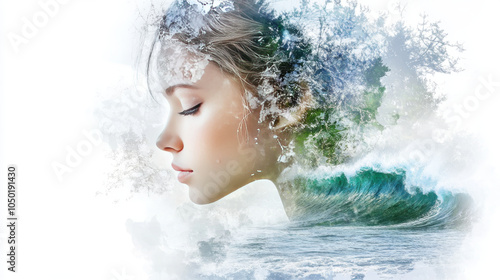 serene woman in contemplative pose is beautifully layered with ocean waves and nature in double exposure effect, evoking sense of tranquility and connection with environment.