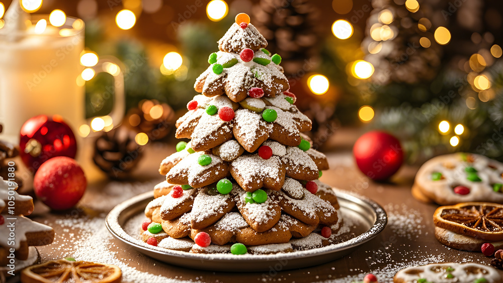 A festive display of gingerbread cookies shaped like trees, adorned with dried fruits and dusted with powdered sugar A festive display of gingerbread cookies shaped like trees, adorned with dried fruits and dusted with powdered sugar