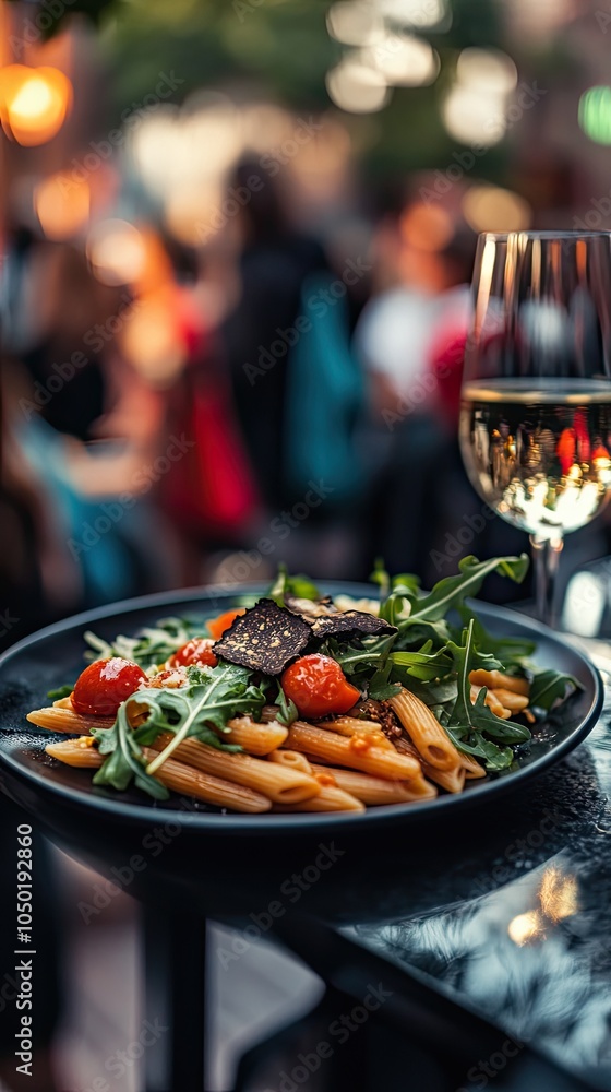 Penne pasta plate with arugula, pepper and cherry tomatoes, in a table with a wine white glass, outside a fancy restaurant. Penne pasta plate with arugula, pepper and cherry tomatoes, in a table with a wine white glass, outside a fancy restaurant.